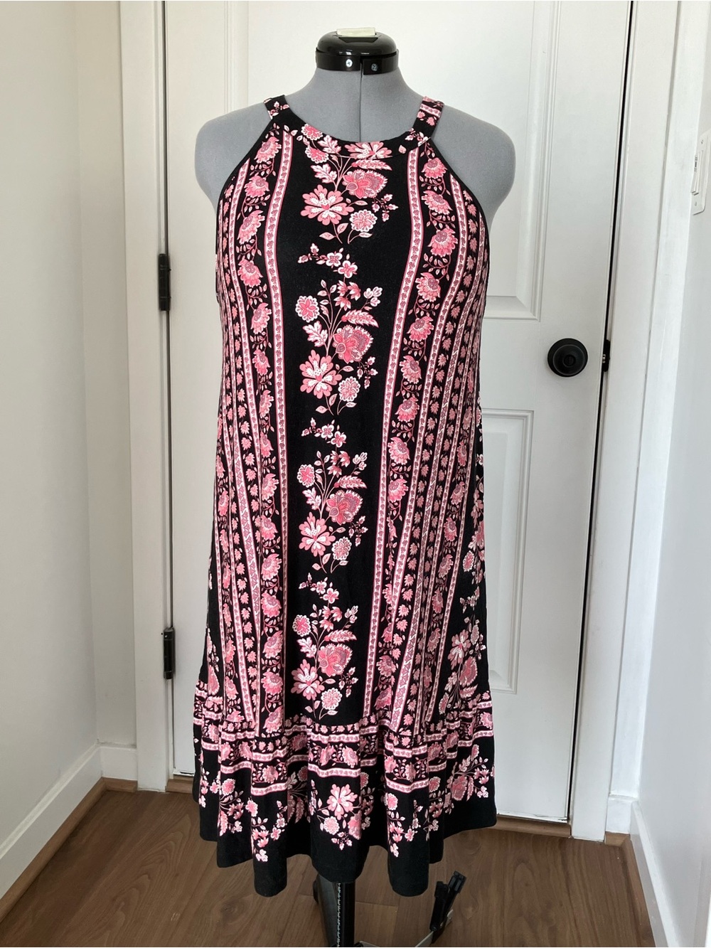 LOFT Black Midi Dress with Pink Floral Stripes